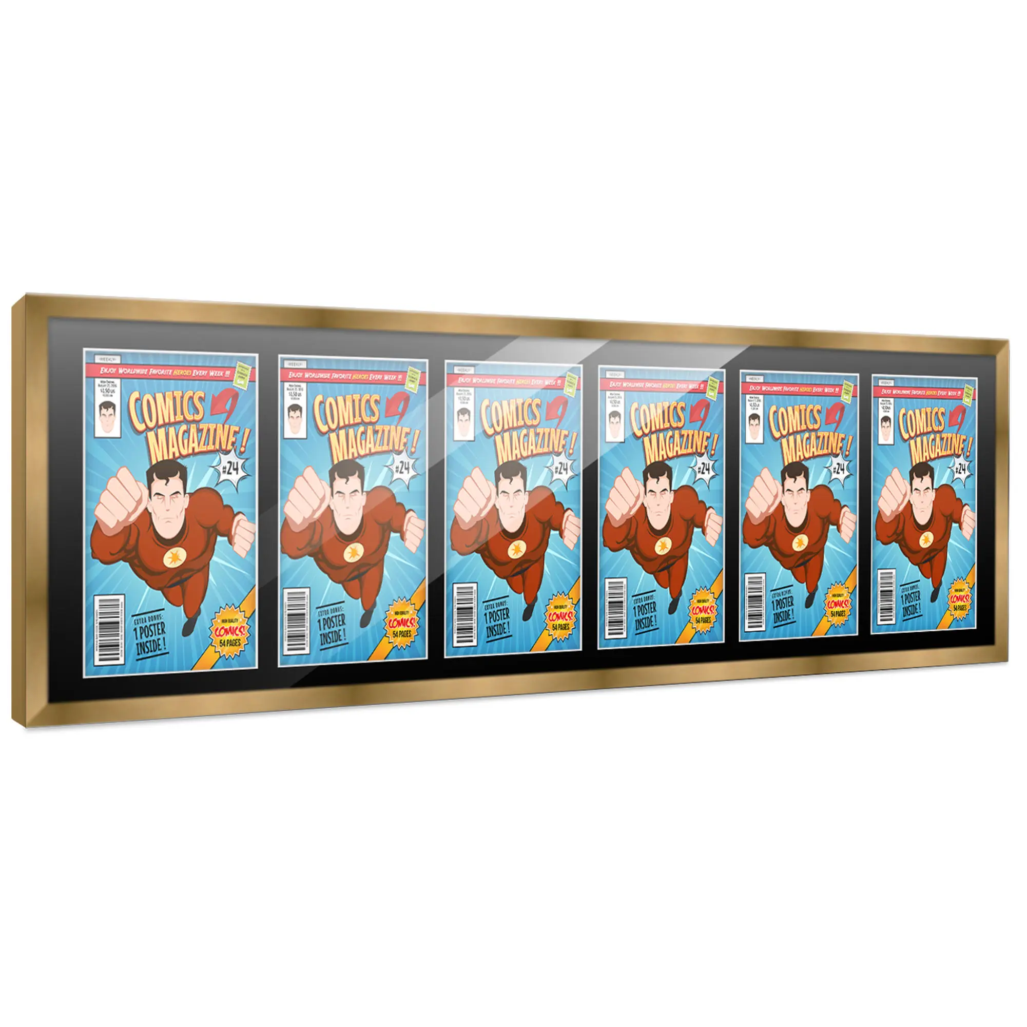 Comic Book Frame with Mat for 6 Bronze Age Comics Published Between 1970 and 1985 - Bronze Wood Comic Frame With Black Mat for 7.25x10.5 Comics - 51x14 Frame Size
