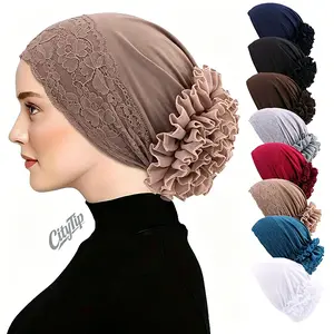 3pcs Ruffled Headscarf Hat, Chiffon Hijab Undercap, Stretchy Hijab Cap, Ethnic Style Headwear, Breathable Headscarf, All Season Headwear, Ruffled Undercap, Modest Fashion Headwear, Versatile Headscarf, Women's Head Wrap