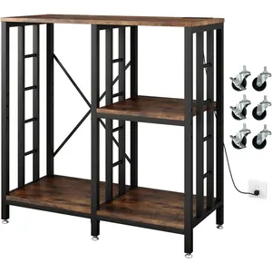 Adjustable kitchen baker’s rack with power outlet, 4-tier microwave stand kitchen cart, mini fridge stand with storage, bar cabinet, suitable for office, coffee bar, living room, patio, rustic brown