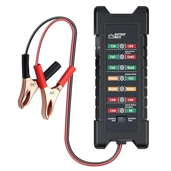 Battery & Alternator Tester 12V 24V — LED Indicator Car Battery Health Checker, Load Test + Charging System Analyzer for Car Truck Motorcycle RV