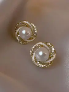 Fashionable Minimalist Pearl Stud Earrings for Women, Sweet & Elegant Crystal Embellished Earrings, Stylish Jewelry Accessory