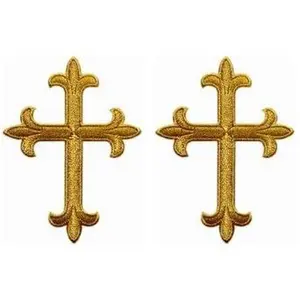Gold Ornate Cross Fleur De Lis Embroidered Iron on Patch [4.0 inch Tall - GF8] 2 Piece for Jackets, Vests, Hats, Backpacks, and Tactical Gears.