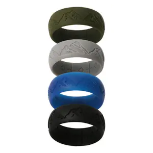 Silicone Rings for Men: Mountain Pattern Wedding Band 8.5mm Comfortable Rubber Sport Ring Set for Daily Wear Gym Work Travel