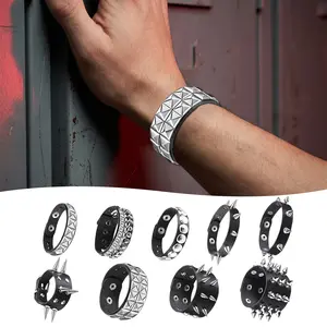 9Pcs Spiked Studded Bracelet Black Leather Rivet Punk Bracelet Y2k Cuff Wrap Bangle Snap Button Wristband Gothic Accessories For Men Women