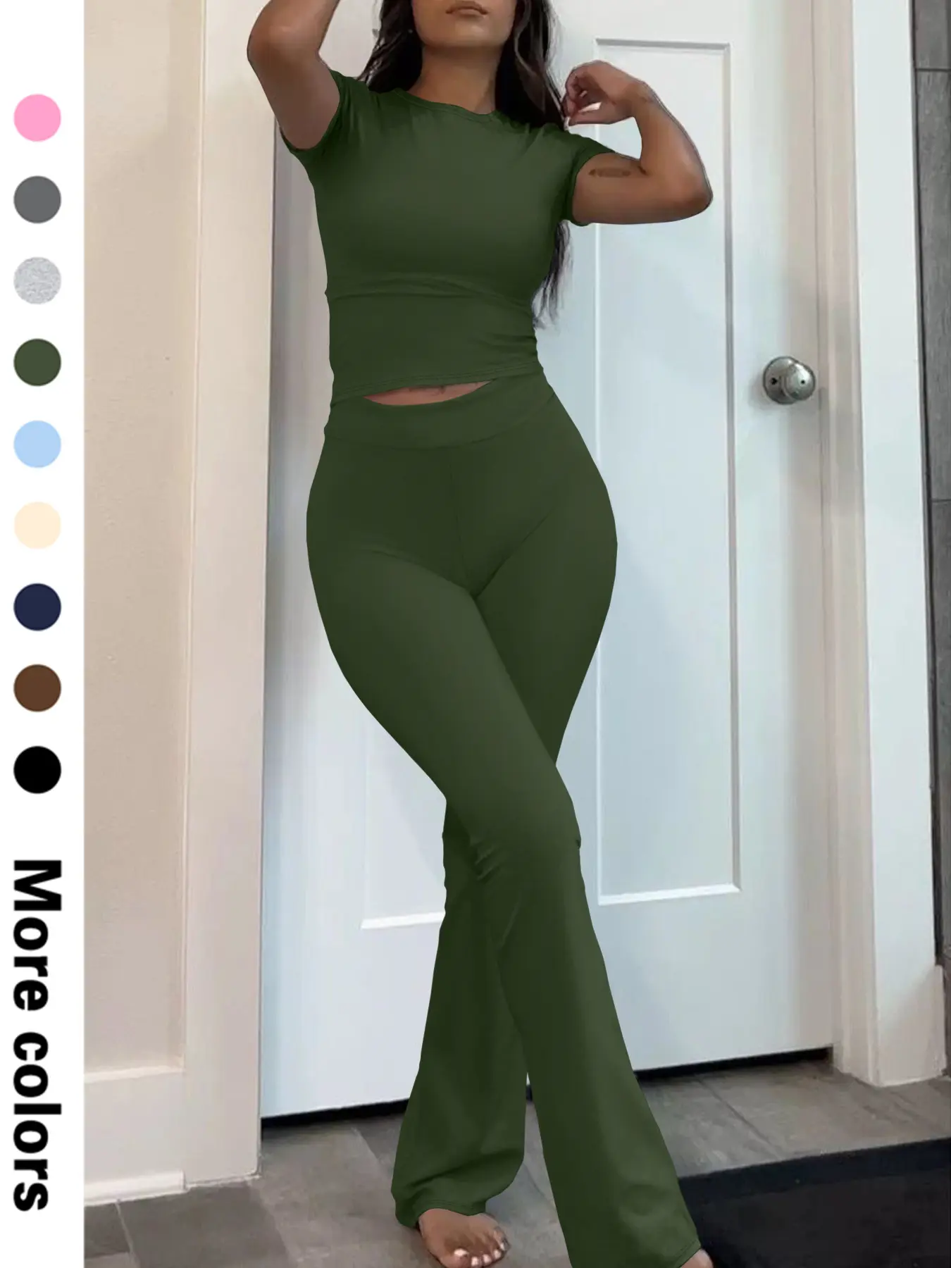 Women's Casual Crop Top & Pants Set, Short Sleeve Slim Fit Tee + Flare Leg Long Pants, All Seasons Fashion, 9 Colors Available, Womenswear