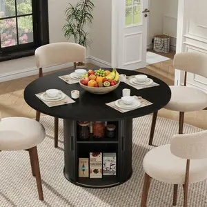 47 Inch Round Dining Table, 47.24×47.24×29.92 Inch PB, Walnut Pedestal Table with Hidden Storage for Living Room & Kitchen