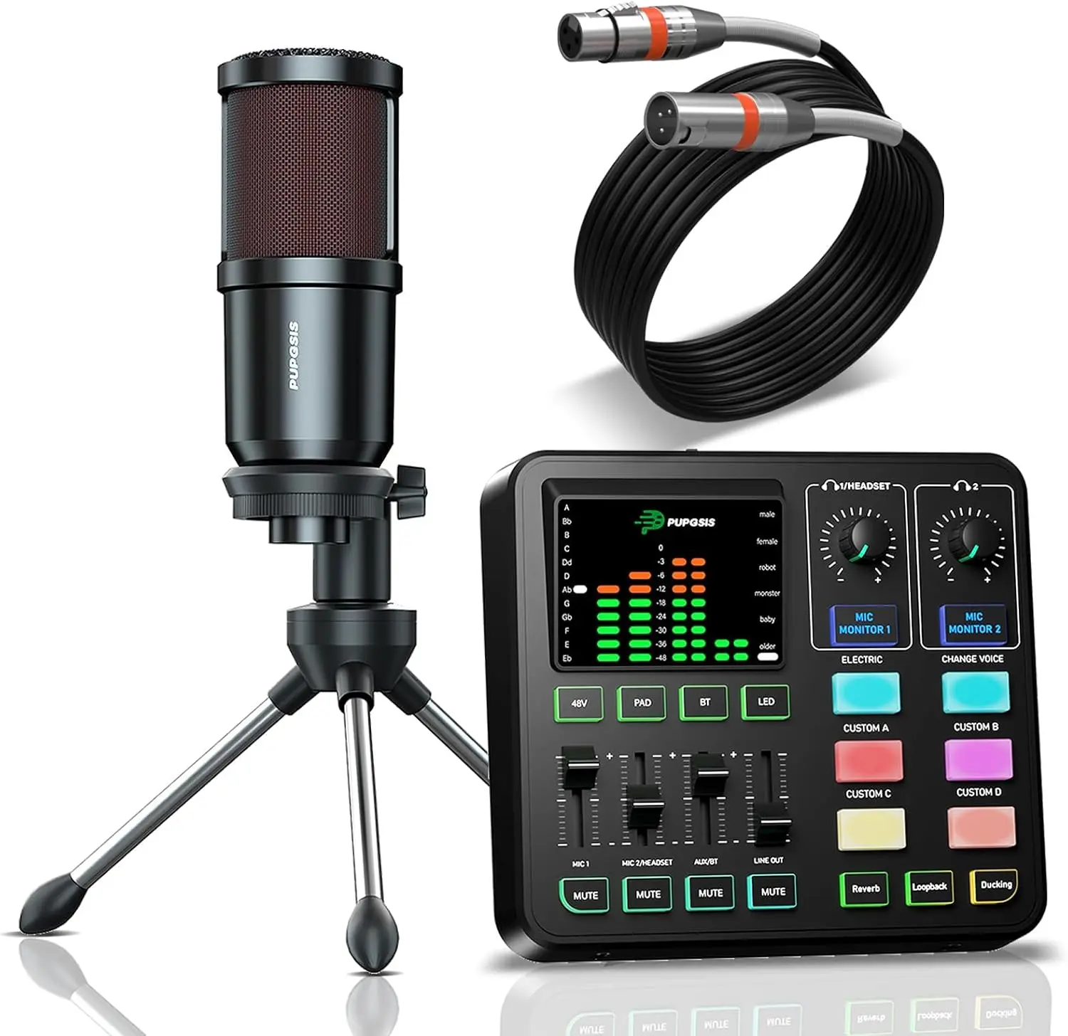 PUPGSIS Podcast Equipment Bundle - Audio Mixer with XLR Dynamic Microphone, Pro-Preamp, Bluetooth 5.3, All-in-1 Set for Podcast Recording, Live Streaming, PC, Phone, DJ