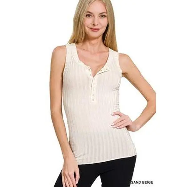 ZENANA: Washed Ribbed Scoop Neck Henry Tank Top