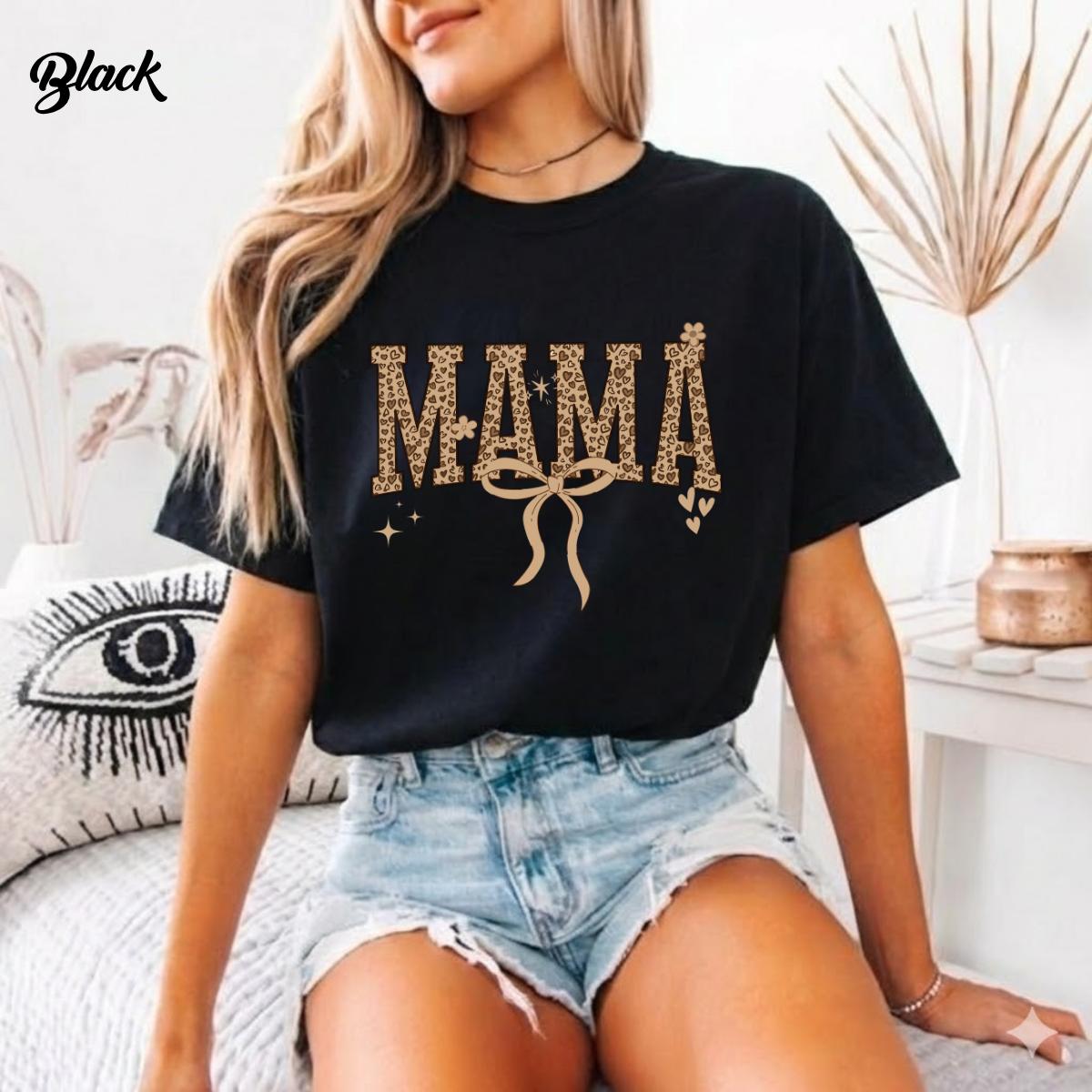 Mama T-Shirt – Leopard Print Bow Graphic Tee, Cute Trendy Mom Shirt, Mother’s Day Gift for Mama