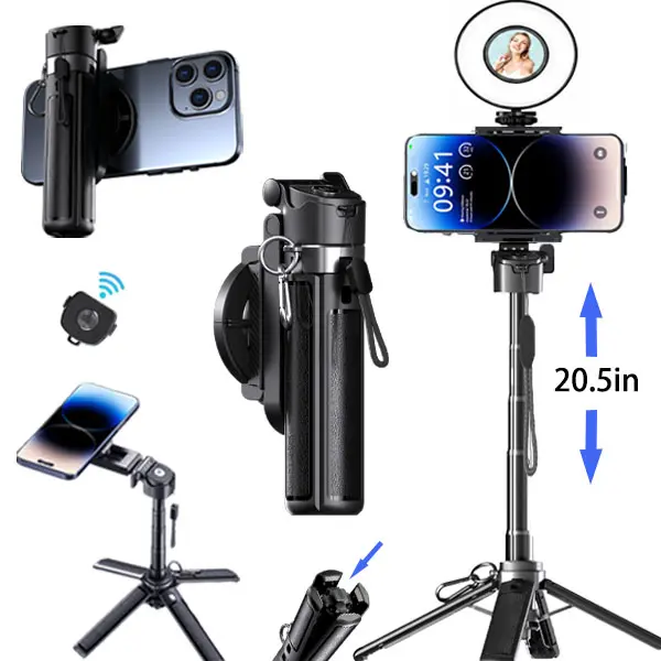 USfoture 6-in-1 Magnetic Extendable 20.5in Tripod Selfie Stick - Standard Edition (Without Light), Rechargeable Remote, LED Light Option, Mini Tripod, Phone Grip, Stabilizer, Stand for Mobile Phones - Selfie Accessories