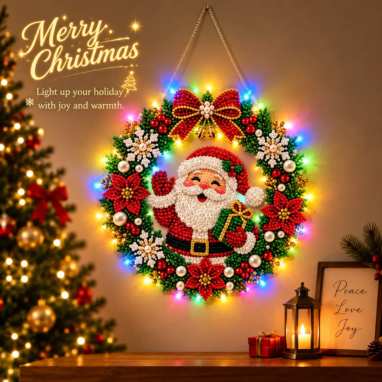 9.84 Inch (25x25cm) LED String Light Christmas Pearl Diamond Art Kit Pendant, DIY Acrylic Hanging Ornaments for Adults, Multi-Style Home Party Decoration, Ideal Holiday Gift, House Decor