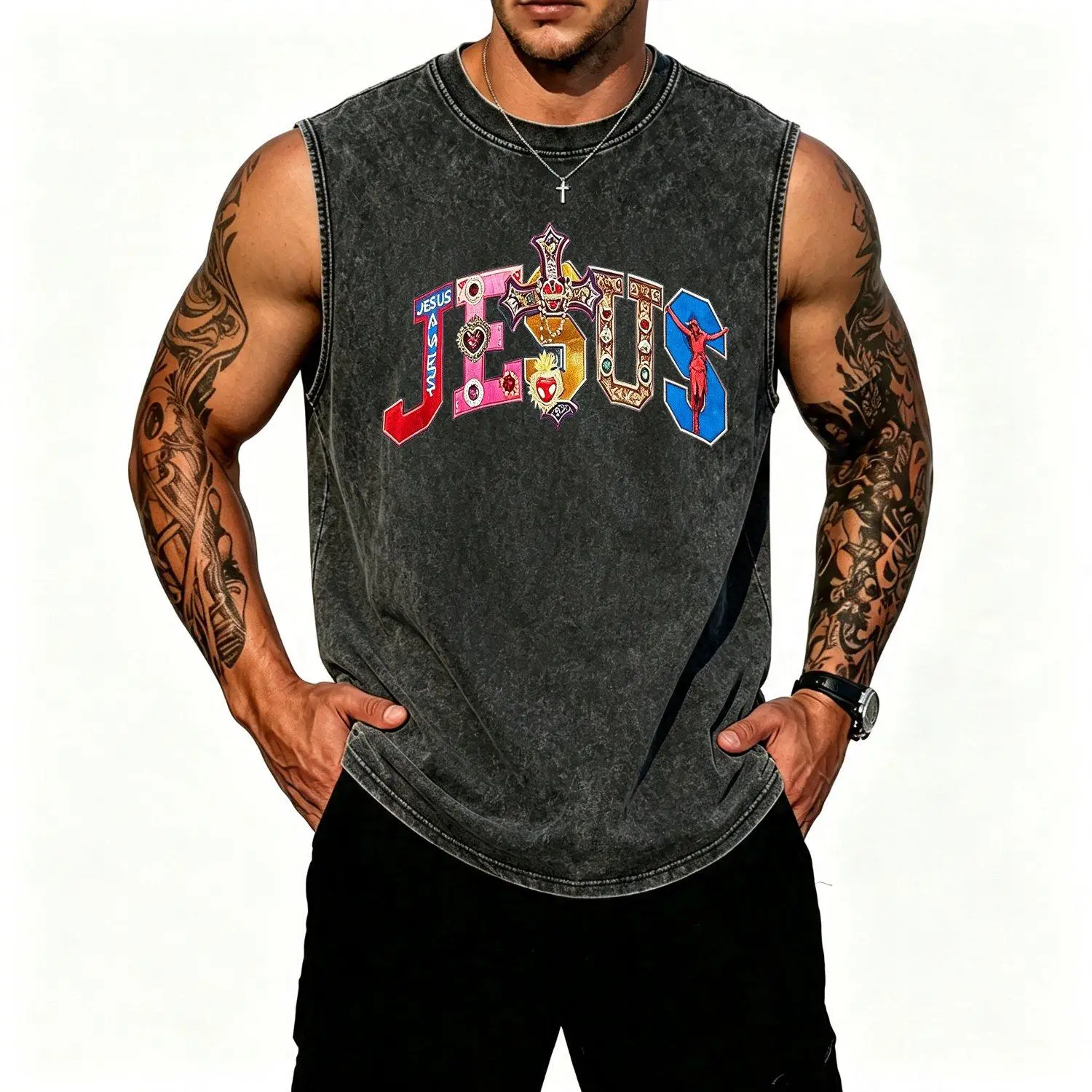 Glimmora Religious Faith Multi Color Gemstone Cross Jesus Graphic Print Crew Neck Vest Sleeveless Comfortable Stylish Casual Layering Outerwear