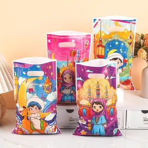 50 Ramadan Plastic Gift Bags with Cartoon Characters and Moon Lantern Design, Handle Design, Perfect for Eid Celebrations, Themed Goodies, Party Favors, Party Supplies