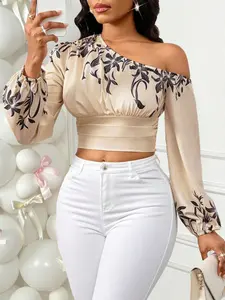 Women's Fashion Chic Asymmetrical Shoulder Lantern Sleeve Fitted Blouse, Elastic Cuff Waistband, Floral Print Casual Commuter Wear Spring Autumn