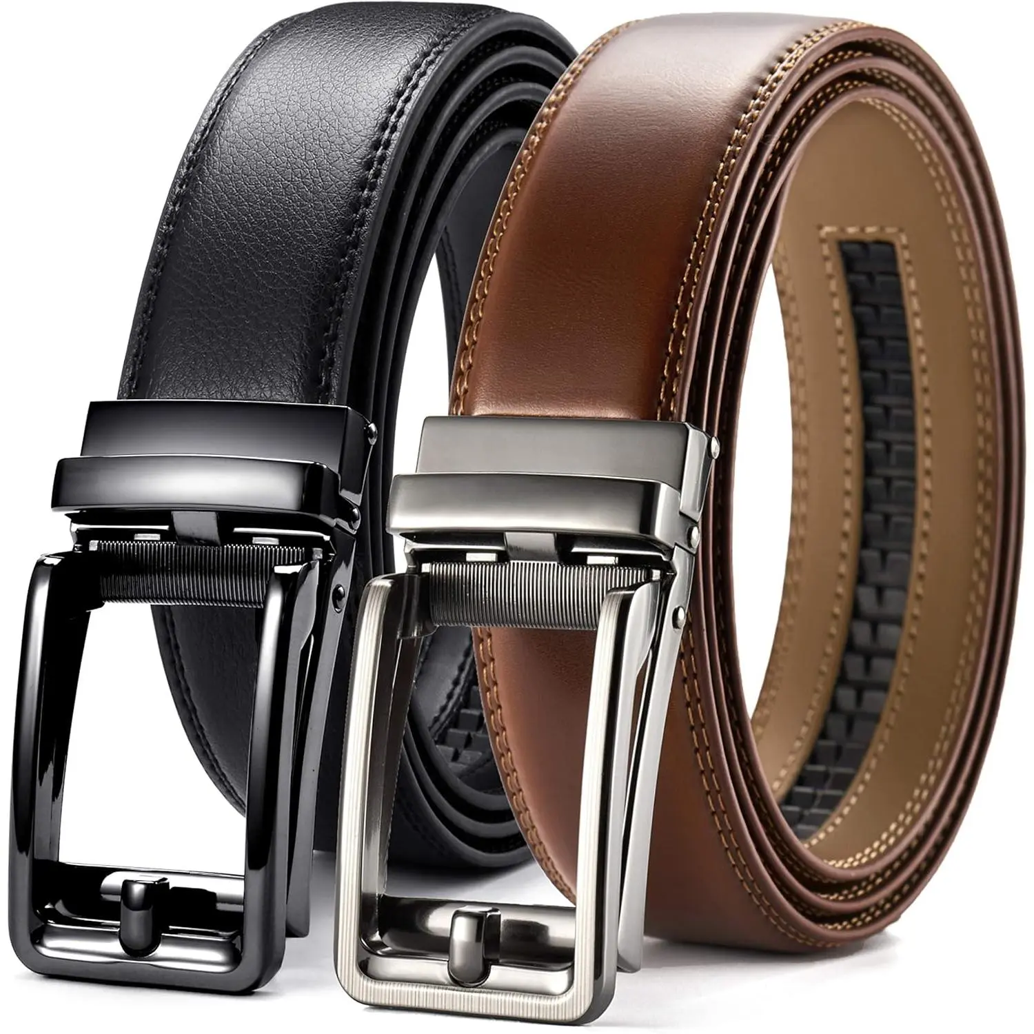 Click Belts for Men 2 Pack - Mens Ratchet Leather Belt 1 3/8" for Dress and Casual -  Adjustable Belt Fit