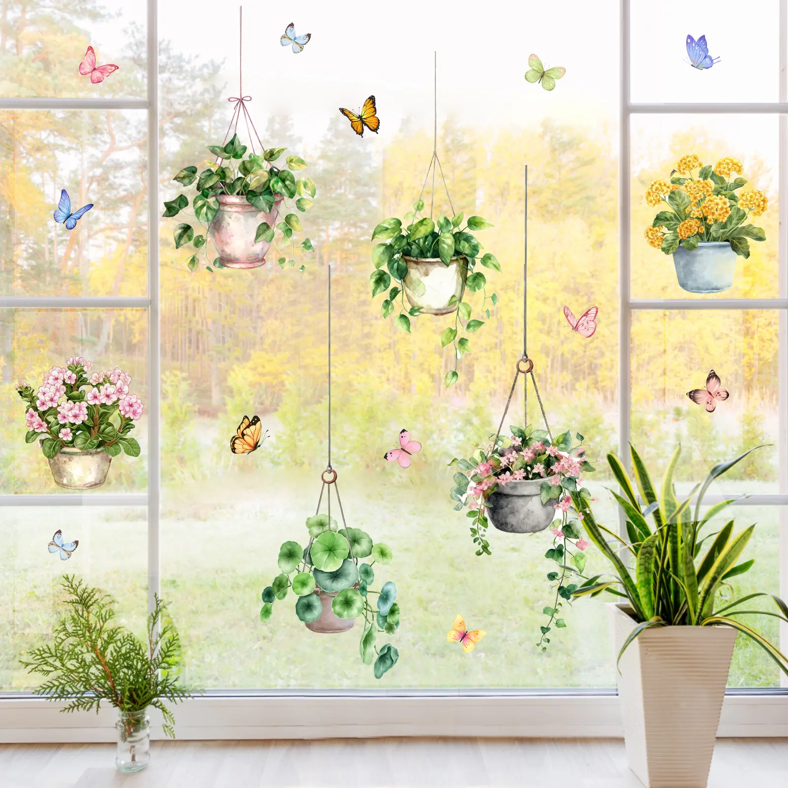 A set (30*40cm*3pcs) of hanging basket flower pot window stickers, double-sided visible window stickers, decorative window decals, suitable for home windows, glass doors, electrostatic stickers, Decoration Sticker, Bedroom Decor D14160