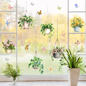 A set (30*40cm*3pcs) of hanging basket flower pot window stickers, double-sided visible window stickers, decorative window decals, suitable for home windows, glass doors, electrostatic stickers, Decoration Sticker, Bedroom Decor D14160