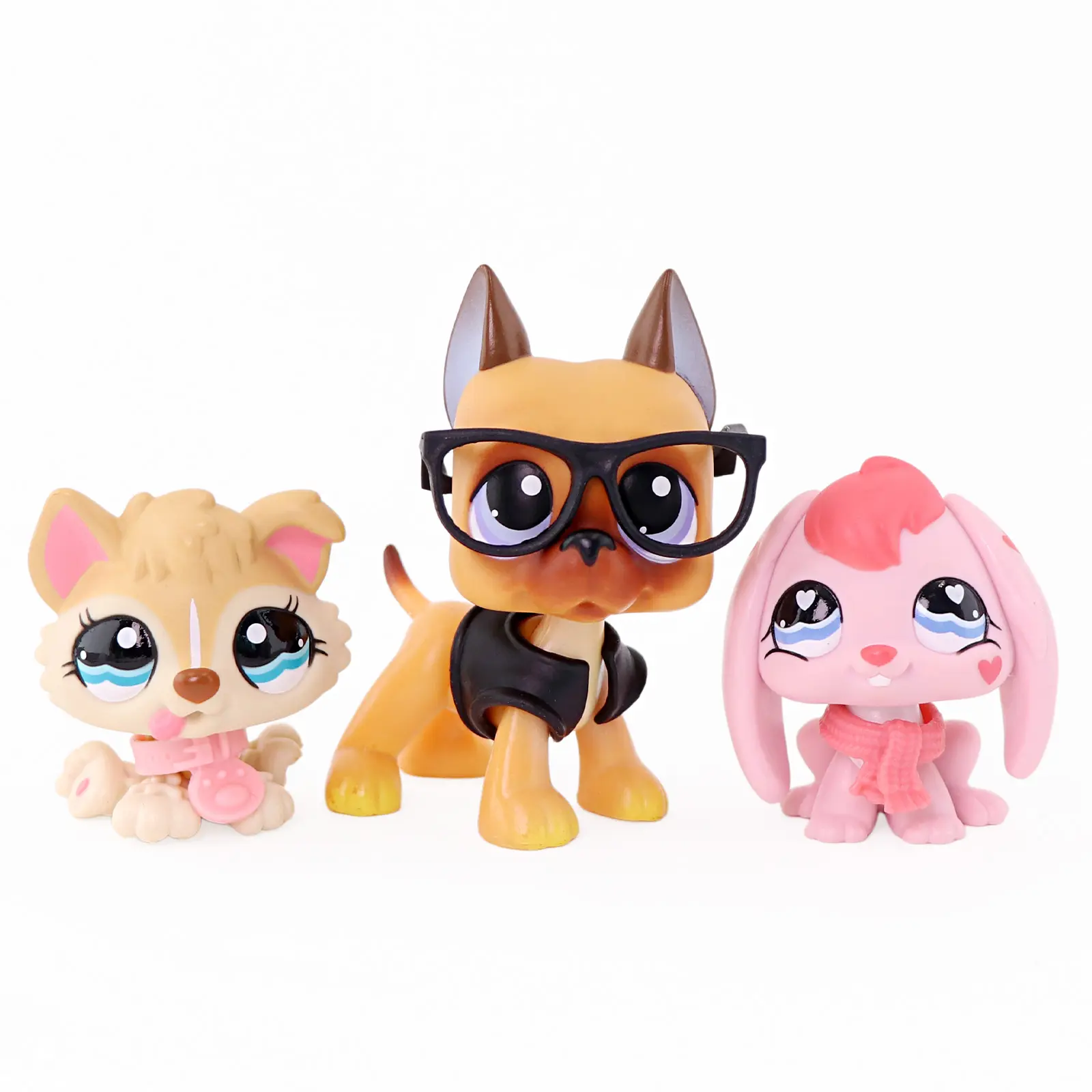 3 Pcs Mini Cartoon Animal Figurines Set, Big Eye Kitten, Great Dane Puppy & Pink Bunny Figures with Collar, Glasses, Scarf Accessories, Collectible Mini Pet Toys, Cake Toppers, Desk Decor Kids Gift