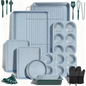 22-Piece Baking Pans Set Stackable Non Stick Baking Set Non Toxic Oven Pans, Including Roasting Pan, Cookie Sheets, Muffin Pans, Cake Pans, Oven Mitt and Utensils(Gray & Green)