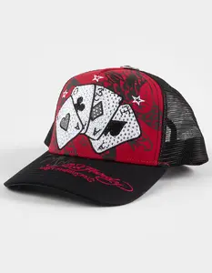 ED HARDY x MGK Cards Rhinestone Mens Trucker Hat, Red Combo