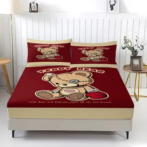 Retro Grunge Style Teddy Bear Fitted Sheet Set, 1 Fitted Sheet with 2 Pillowcases, All-Season Bedding for Bedroom, Dorm & Guest Room, Decor for Teens & Boys