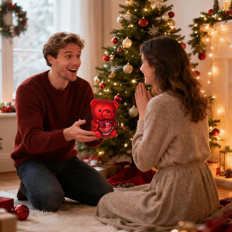 [Necklace Included]Cute Teddy Bear with Preserved Rose -A Real Rose Flowerin Bear with Elegant Gift Box -Romantic Gift for Her in Mother's Day, Weddings, Anniversaries, and Bridal Showers,Christmas and Valentine's Day gifts