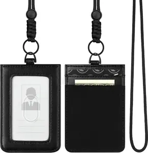 ID Badge Holder with Lanyard for Women and Men Vertical Leather Badge Holder with Clear ID Window Card Holder Slot and  Pocket Black