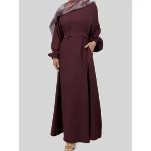 Women's Solid Color Tie Waist Abaya Dress, Modest Long Sleeve Round Neck Dress for Daily Wear, Modesty Ladies Islamic Clothing for All Seasons