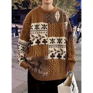 BEMCSHO Vintage-Inspired Color Block Reindeer Christmas Sweater for Men - Cozy Knit Pullover, Perfect for Fall/Winter