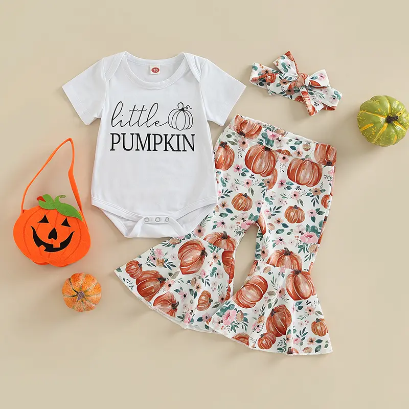 Infant Baby Girls 3 Pieces Outfit, Letter Print Short Sleeve Romper + Pumpkin Floral Print Flare Pants + Headband Set