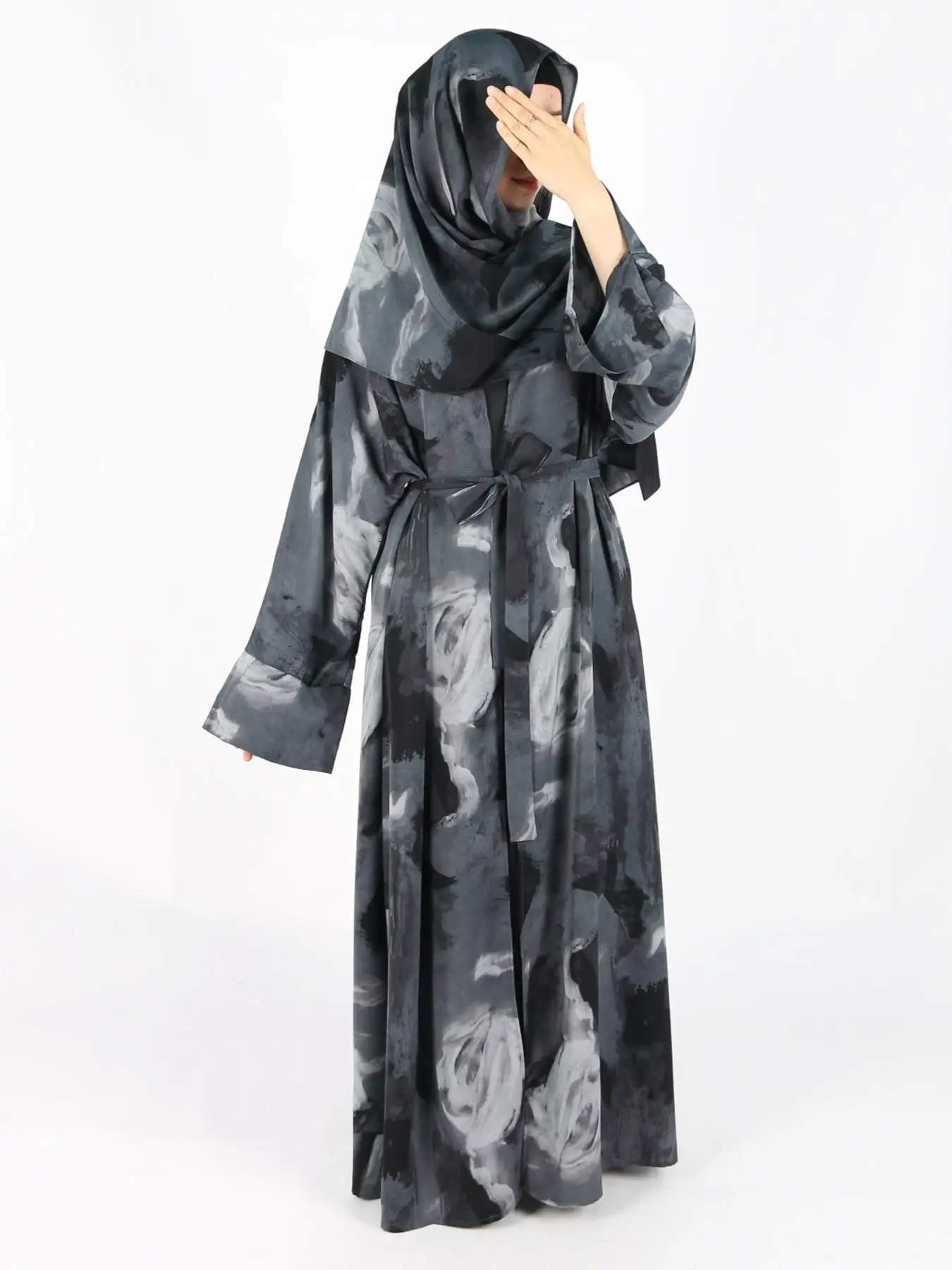 Women's Abstract Print Long Sleeve Abaya Set, Modest Split Sleeve Open Front Abaya & Belt & Hijab Set, Ladies Islamic Clothing for All Seasons