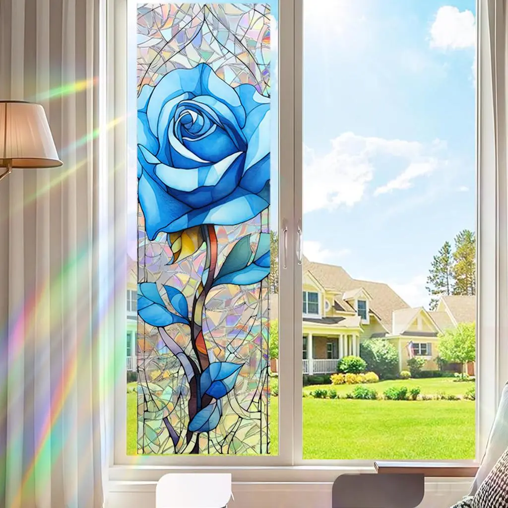Blue Rose Pattern Window Privacy Film, Removable Anti-peeping Window Sticker, Electrostatic Adsorption Window Film for Home Living Room Bedroom, Decoration Sticker, Floral Pattern Sticker, Decorative Stickers