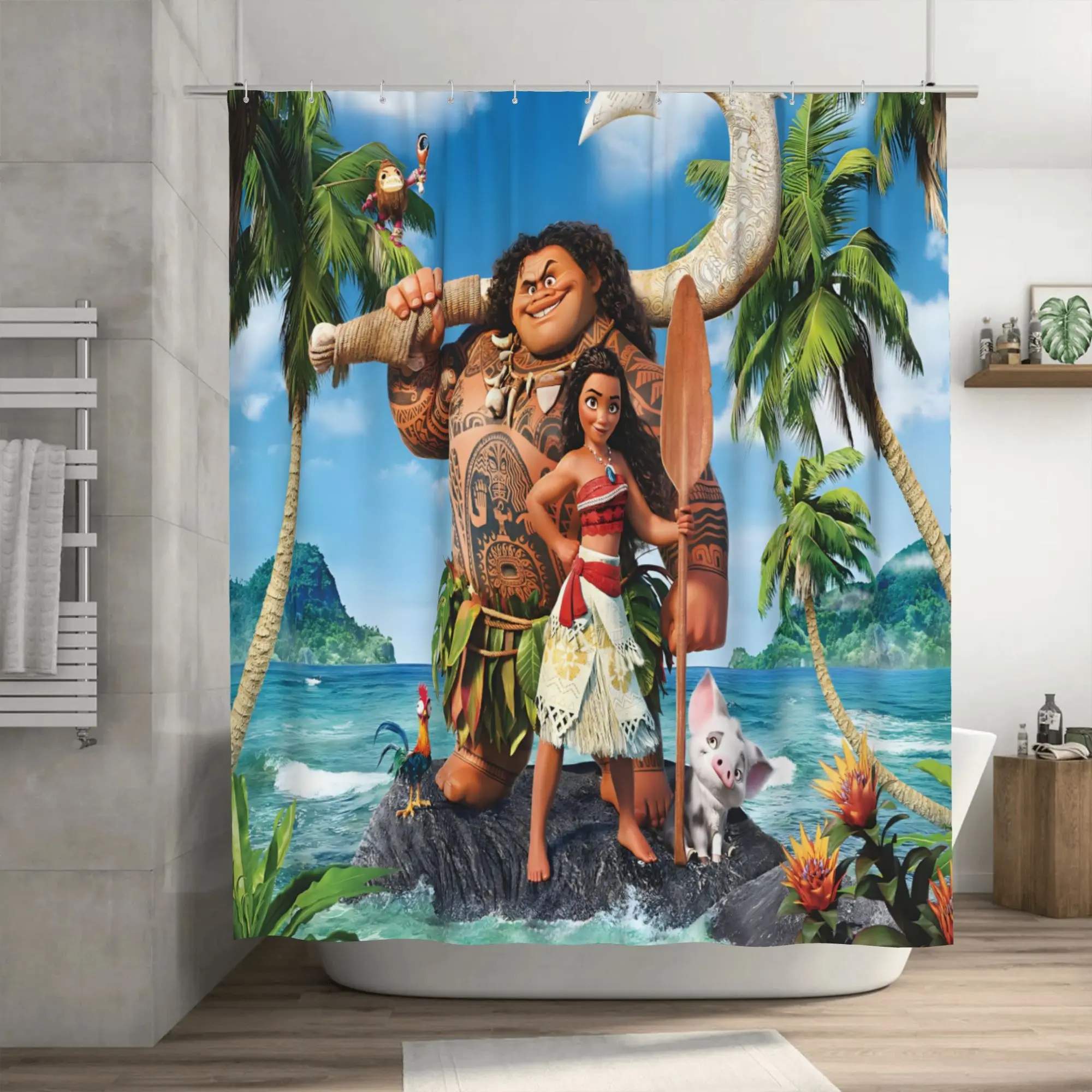 Disney Classic Moana Tropical Shower Curtain, Waterproof Fabric Bathroom Curtain with Hooks, Kids' Bathroom Decor for Moana Fans, Bathroom Curtain Set