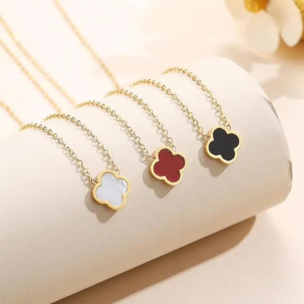 Clover Pendant Necklace - Lucky Charm Jewelry Minimalist Fashion Gift for Women Durable Hypoallergenic Stainless Steel Plated 18K Gold Classic Four Leaf Clover Design