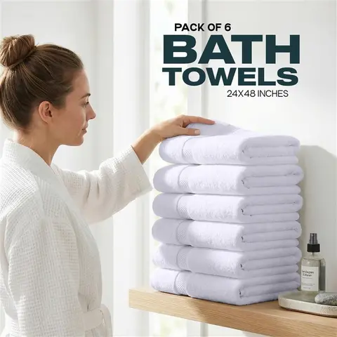 6-Pack Bulk Solid Cotton Bathroom Towels, 24x48 in, Hotel-Quality, Ultra Soft, Quick-Dry, Breathable, Water Absorbent, Unisex, Ideal for Body Use, Guest Bedroom, Versatile for Bath to Gym Use, Solid Cotton Towels