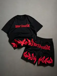 Men's Casual Sportswear Set, Letter Flame Print Design, Fitted Short Sleeveless Shorts, Perfect for Leisure & Sports Wear