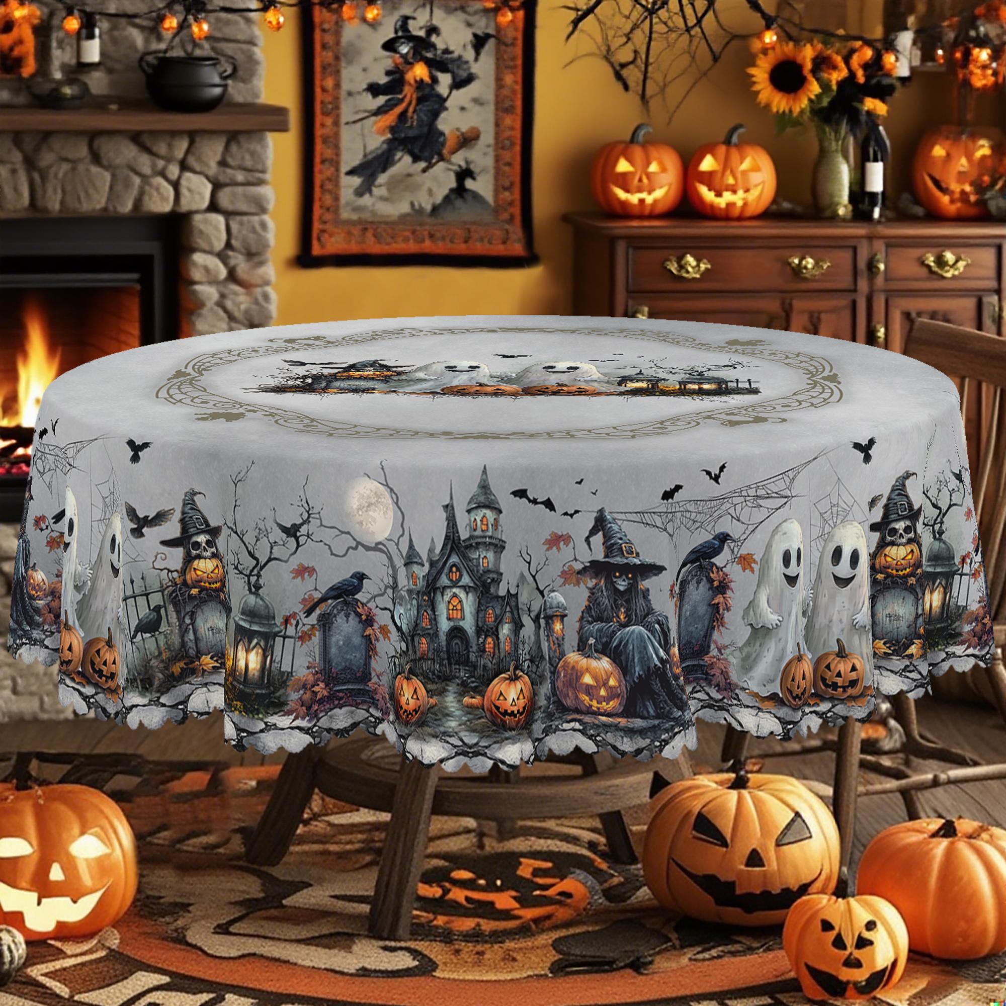 BOOPBEEP Halloween Printed Tablecloth - Vintage Farmhouse Style, Pumpkin & Black Cat Patterns, Rectangular/Round Dining/Kitchen Cover, Nostalgic Halloween Decor, Brunches Indoors Use, Holiday Gift, Pumpkin Ghost Pattern Kitchen Linen Sets, Decoration, Ind
