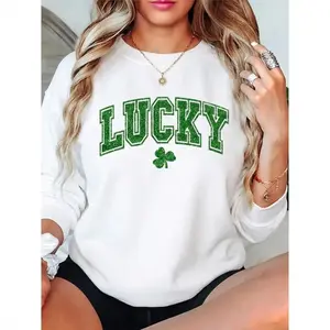 [Printed Design – Not Textured]Lucky Shamrock Graphic Sweatshirt St Patricks Day Sparkle Varsity Letter Print Oversized Crewneck Long Sleeve Pullover Spring Casual Top