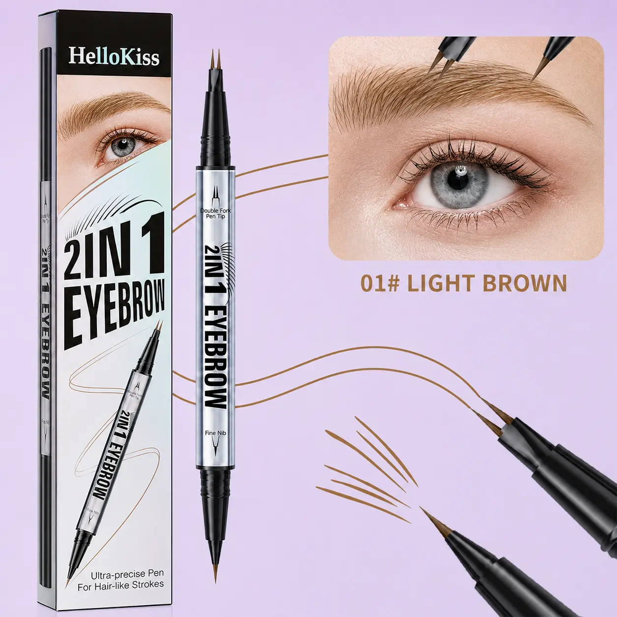 HelloKiss 2-in-1 Dual-Tip Eyebrow Pen | Ultra-Precise Hair-Like Strokes | Waterproof Long-Wear Natural Brow Makeup for Beginners