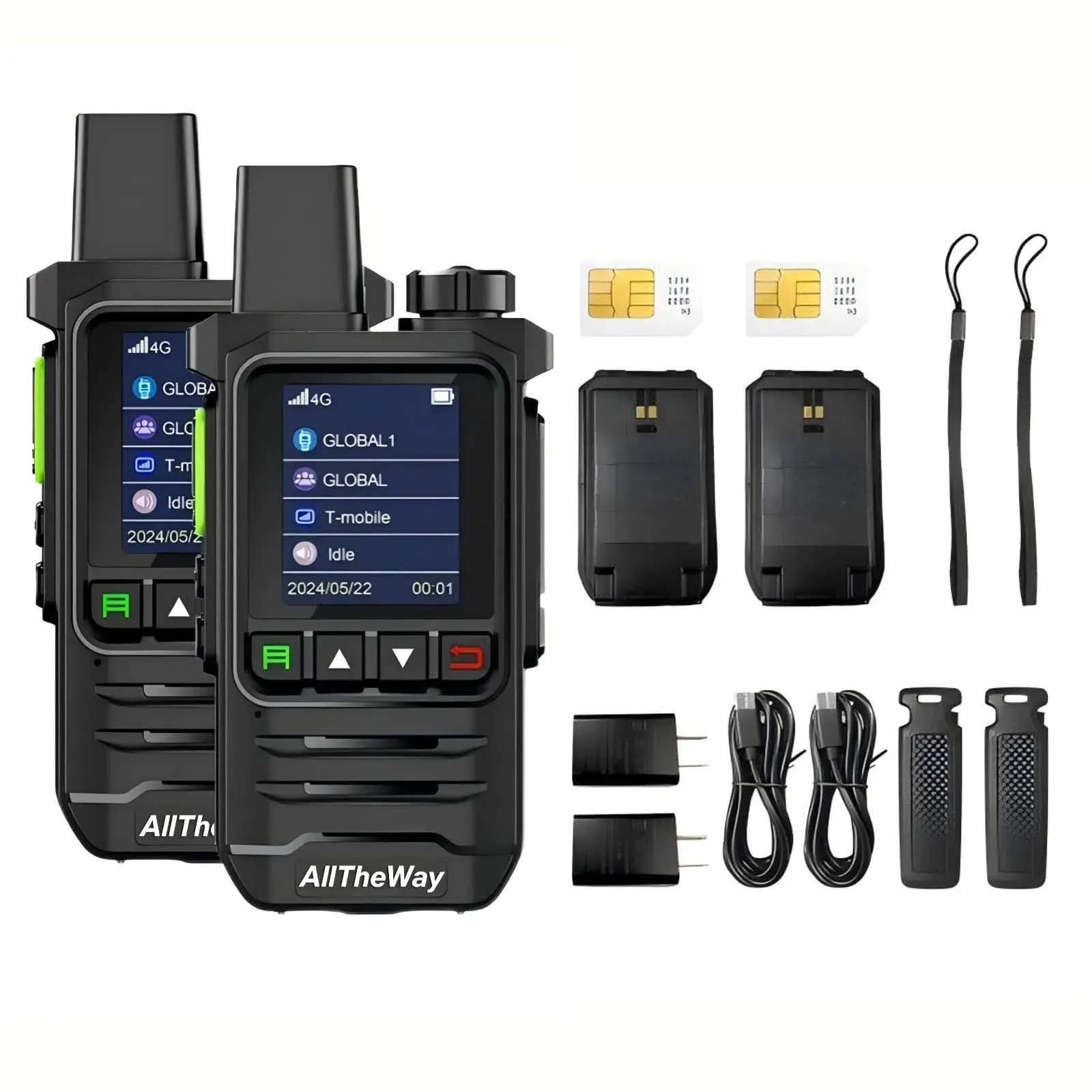 Alltheway Global 2-Pack PoC Walkie Talkies with SIM Cards - Unlimited Range 2-Way Radios, USB-C Programming, 5000mAh Rechargeable Battery for Security Teams, Outdoor Adventures
