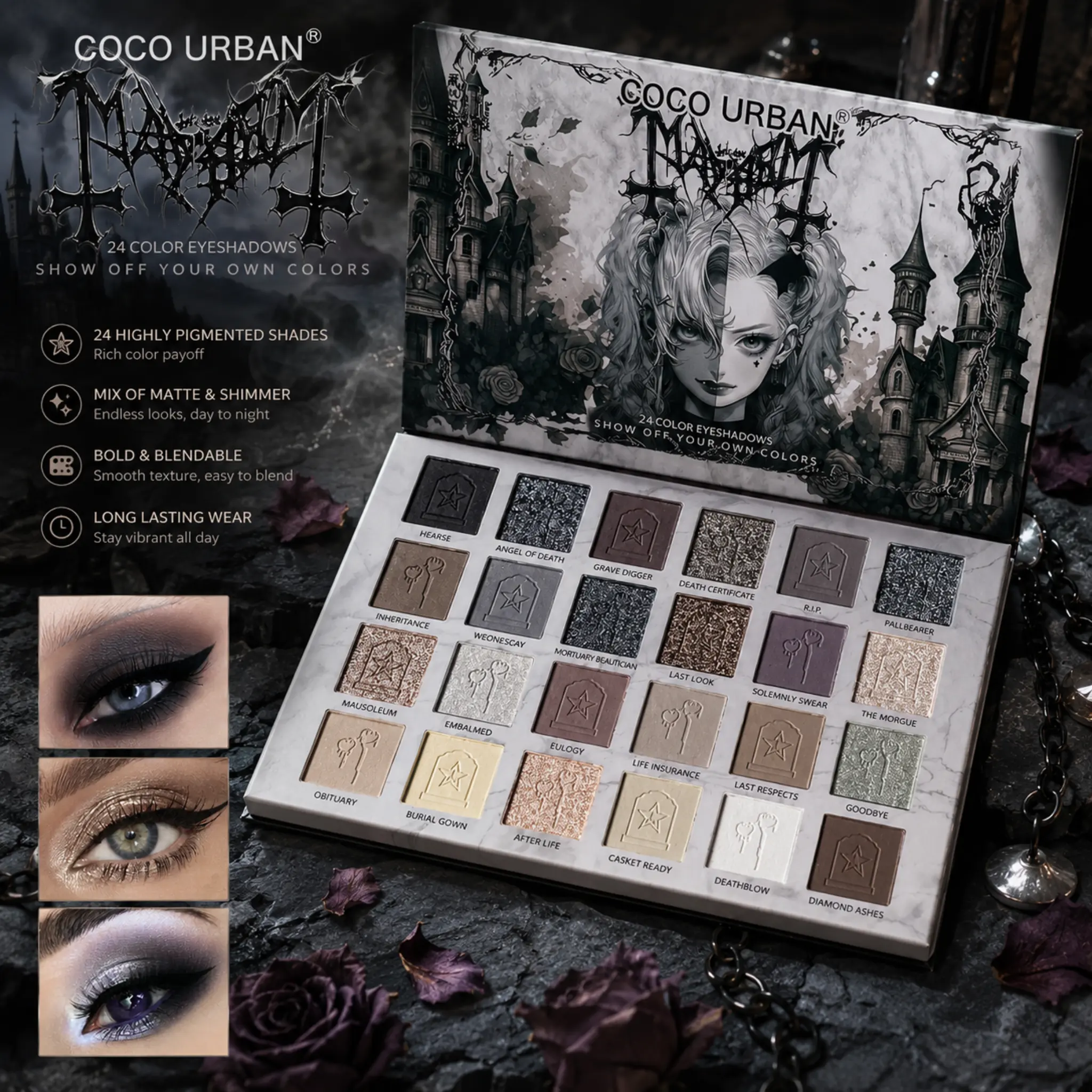 24-Color COCO URBAN Punk Style Eyeshadow Palette - Regular Edition, Gothic-Inspired Aesthetic Design, Matte & Shimmer Shades, Rich Color Payoff, for Alt Makeup, Smokey Eye Looks & Makeup Routine, Professional Cosmetic, Youth, Bold Looks, Makeup Products