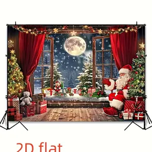 1pc 2D Flat Santa Claus and Christmas Tree Theme Photography Backdrop - Multifunctional Polyester Banner with Snowy Forest Scene Red Curtains and Holiday Decorations Suitable for Festive Home Decoratio