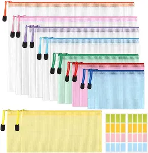 15 Pcs PVC Mesh Zipper Bag Set - Colorful Storage Bag with 2 Sheet Labels, Suitable for Learning Supplies, Office Supplies, and Travel Essentials