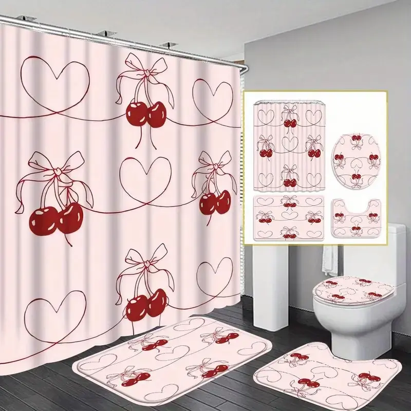 Cherry Pattern Bathroom Decorations, 4 Countsset Including & Toilet U-shape Mat & Rectangular Mat & Toilet Lid Cover, Bathroom Accessories, Shower Curtain Sets, Bathroom Shower Equipment, Aesthetic Bathroom Decor