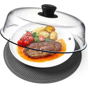 2-in-1 Glass Microwave Splash Guard Suitable for Food and Microwave Placemats, Plate Splash Guard with Easy-Grip Silicone Handle Knob, Borosilicate Glass with Ventilation Holes, Food Grade, Plastic-Free, 10inch