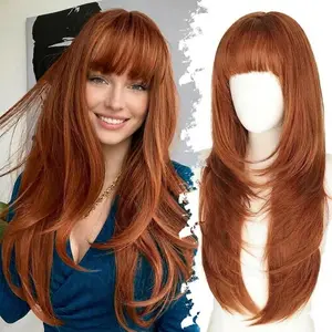26 Inch Long Ginger Wig with Bangs for WomenFANYI  【Realistic Scalp】【Free Parting】【 Layered Hairstyle】 Synthetic Heat Resistant | Suitable for Daily and Party Wear