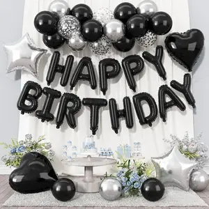 37 Pcs Black Happy Birthday Balloon Banner - 16 in Foil Letter Birthday Balloons Metallic Silver Black and Confetti Balloons Heart Star Foil Balloons for Women Men Boys Girls Party Decorations