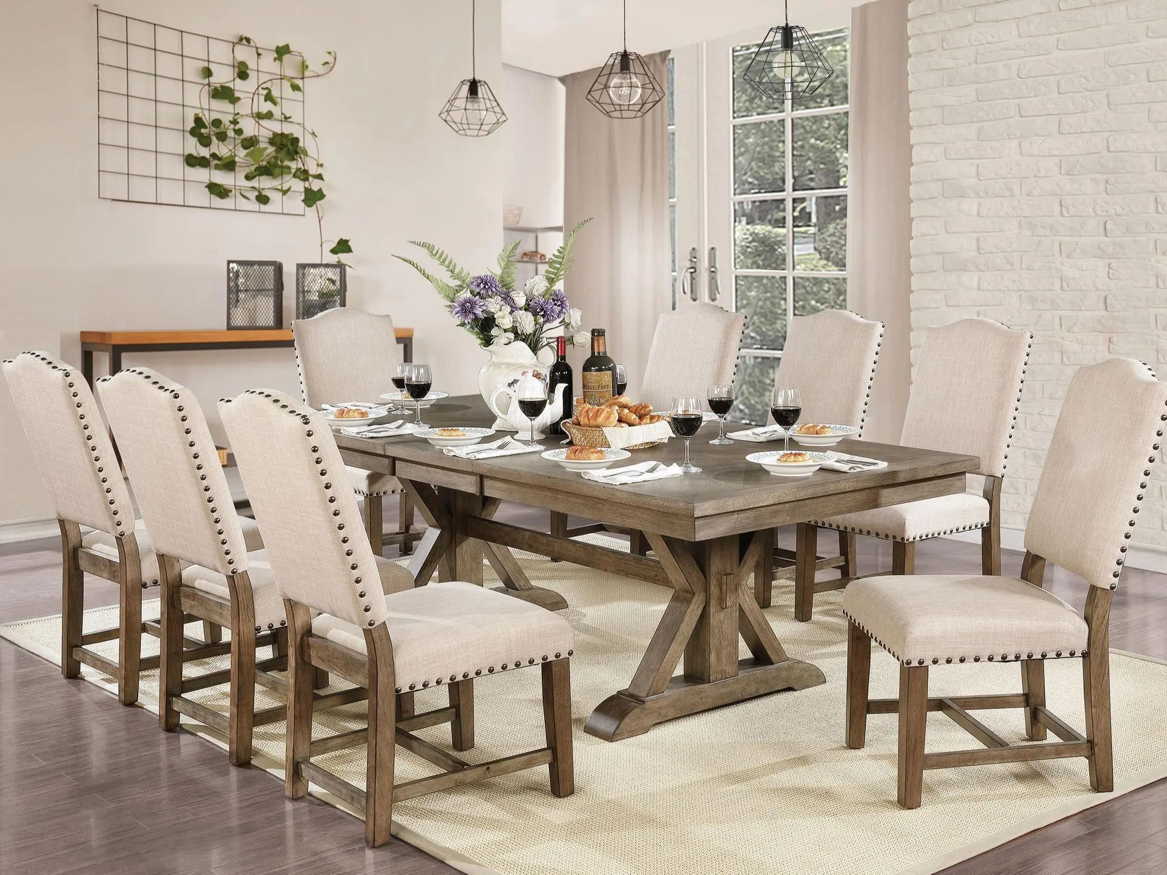 Furniture of America Julia Durable 9-Piece Aged Dining Room Furniture Set - Solid Wood Trestle Table with Distressed Finish, Nailhead Trim Upholstered Chairs, 8-Seater for Country Farm Theme Indoor Use