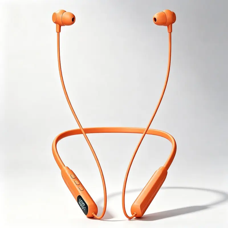 Bright Orange Neckband Headphones, 48H Long Battery LED Power Display, Never Lose Them Magnetic Earbuds, Sweatproof Wireless Sports Earbud for Gym & Daily Wear