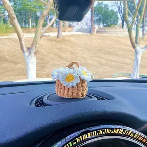 Handmade Cotton Crochet Daisy Bouquet with Basket, Knitted Artificial Simulation Flower Arrangement, Girly Cars Accessories, Hanging Dashboard Ornament, Car Decorating Indoor Gift